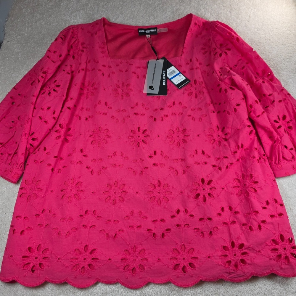 Karl‎ Lagerfeld Paris Eyelet Blouse Womens XL Pink Scalloped Hem Square Neck NWT